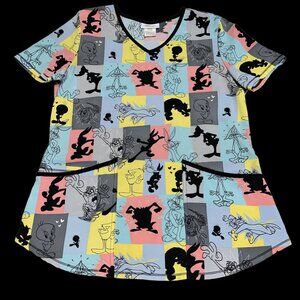 Looney Tunes Sz Small Bugs Tweety Taz Daffy Scrub Shirt Top Sylvester Nurse Vet